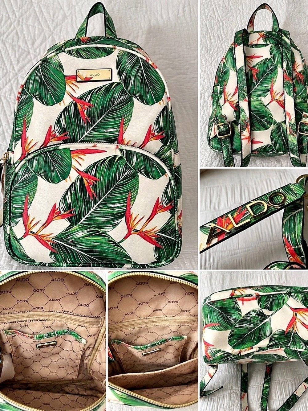 ALDO Tropical Palm Leaf Floral Backpack Green White Gold